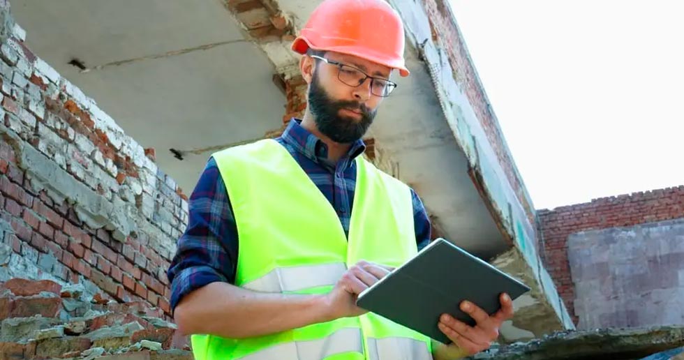 Engineer checking a tablet because he knows the best reasons why as a general contractor taking photos of your project is vital