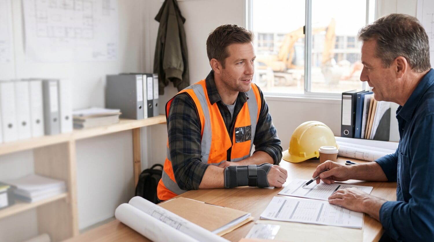 construction-worker-with-a-wrist-brace-reviewing-injury-paperwork-with-an-employer