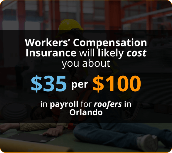 Infographic of Workers’ Compensation Insurance will likely cost you about 35usd per 100usd in payroll for roofers in orlando