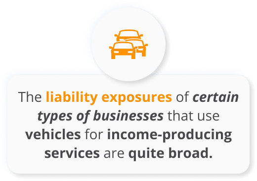 Infographics of the liability exposures of certain types of businesses that use vehicles for income producing services are quite broad