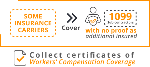 Some insurance carriers cover with no proof as additional insured 1099 sub contractors collect certificates of workers compensation coverage
