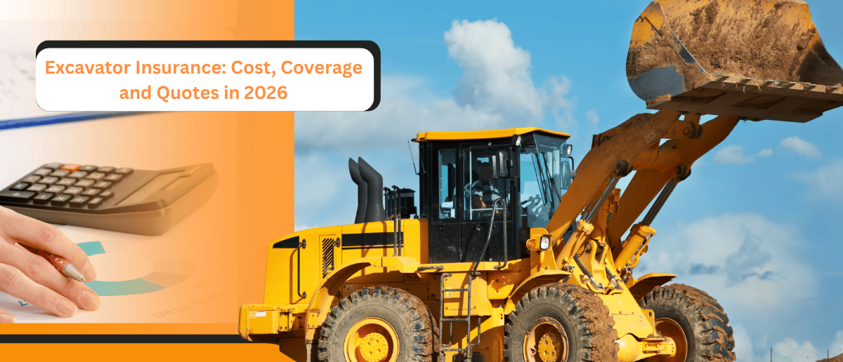 Split picture of an excavator and a guy with a calculator, there is a heading that says, "Excavator Insurance: Cost, Coverage and Quotes"