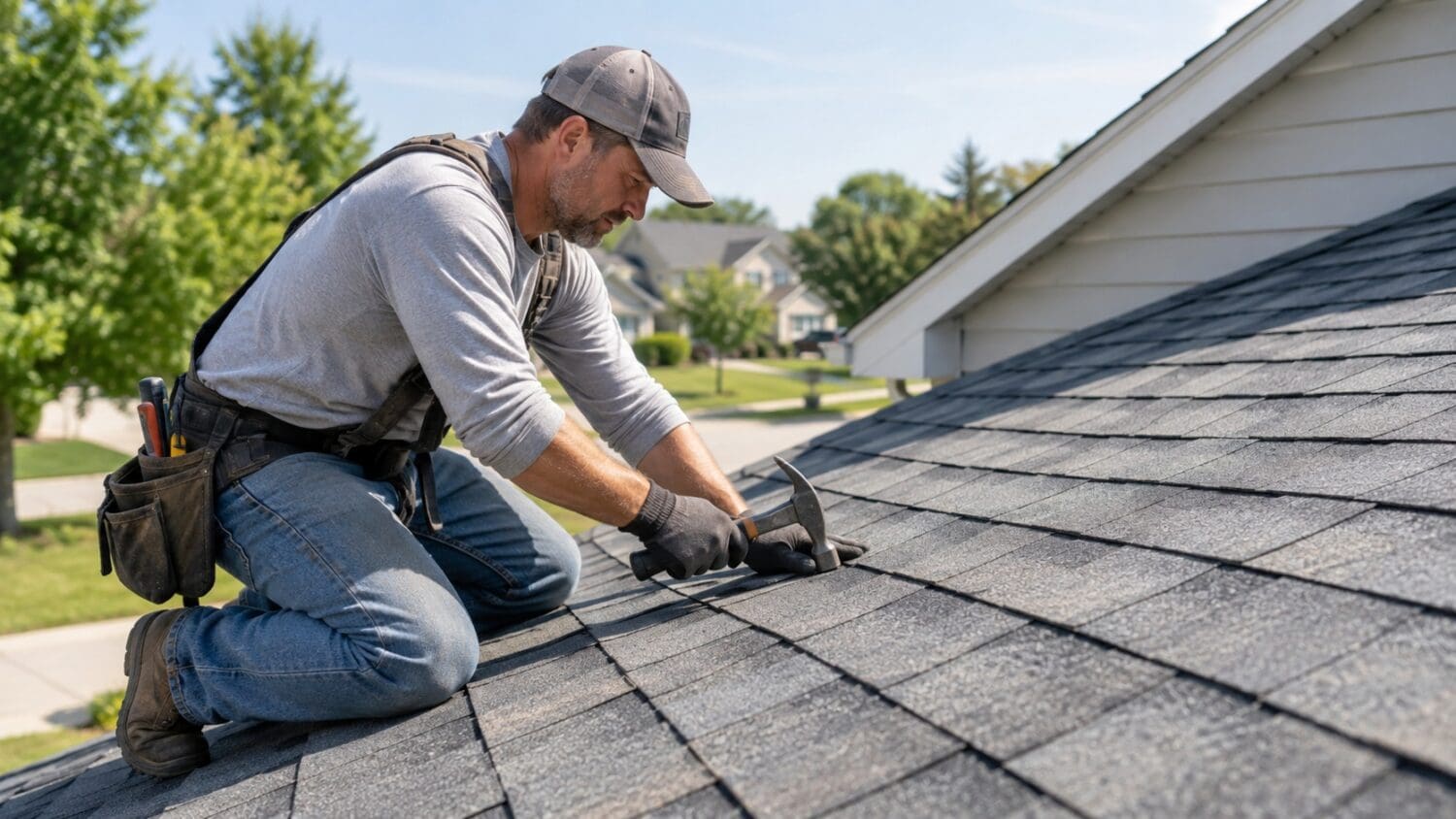 Guy working on a roof with a hammer