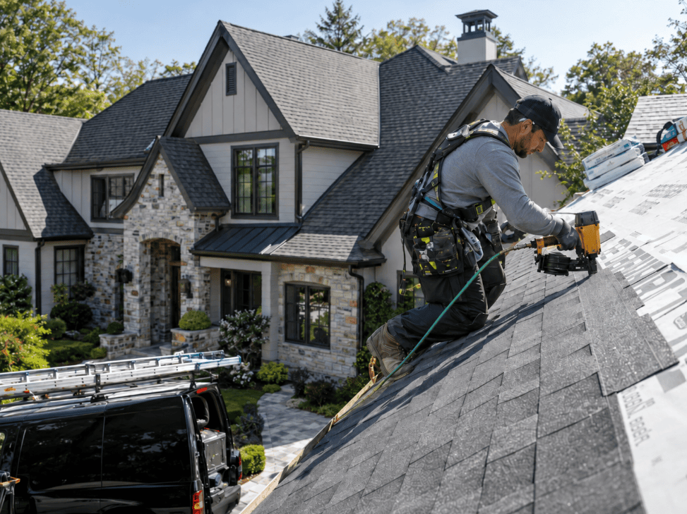 An insurance-covered roofing contractor at work on a roof.