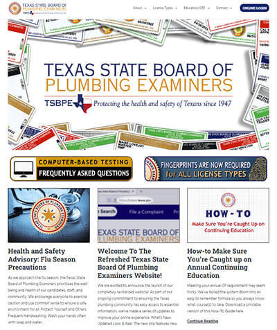 Image of Texas plumbing licensing website